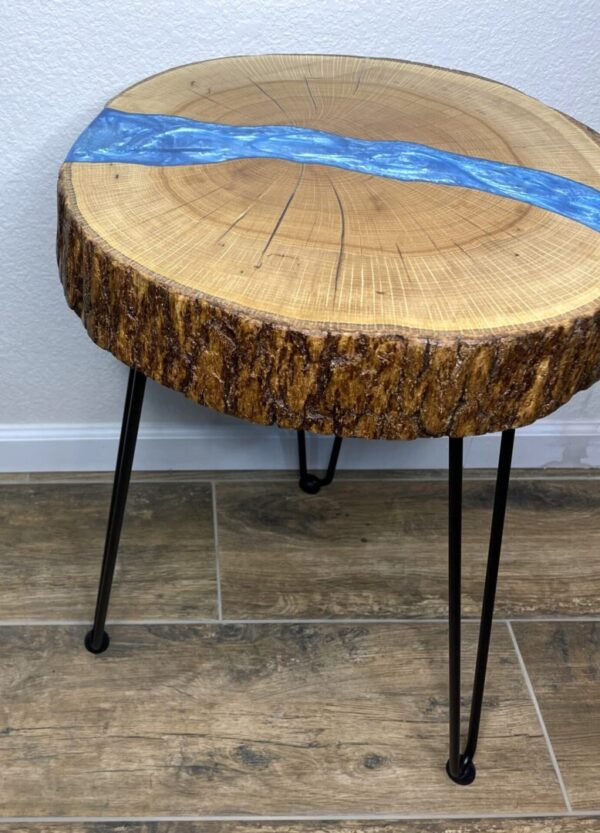 Oak Side Table with Blue Epoxy River