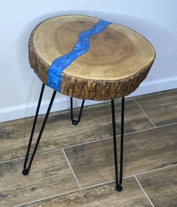 Rustic Oak Side Table with Blue Epoxy Stream