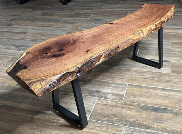 Artisanal Mesquite Bench with Wrought Iron Legs