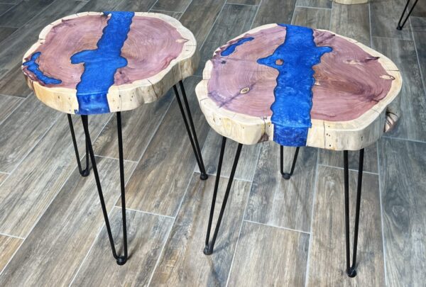 Dual Cedar Side Tables with Blue Epoxy