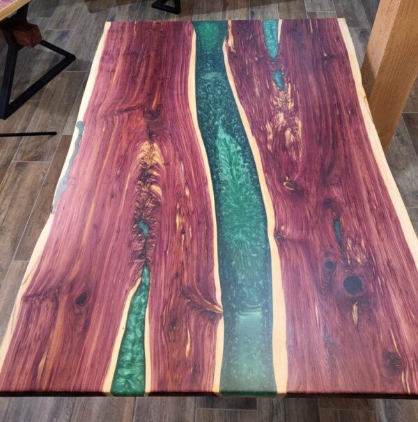 Elegant Cedar Dining Table with Green Epoxy Accents - Image 2