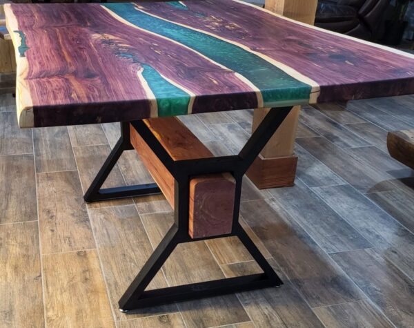 Elegant Cedar Dining Table with Green Epoxy Accents