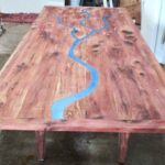 Outdoor Cedar Dining Table – Channels Filled With Blue Epoxy